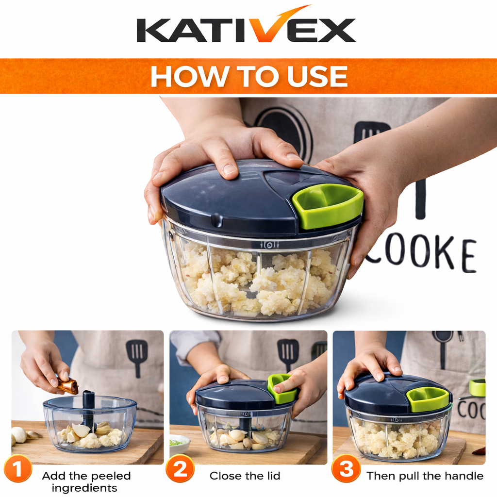 Manual Food Chopper – KATIVEX Pull String Vegetable Cutter, Garlic Onion Chopper, Kitchen Tool (500ml / 900ml)
