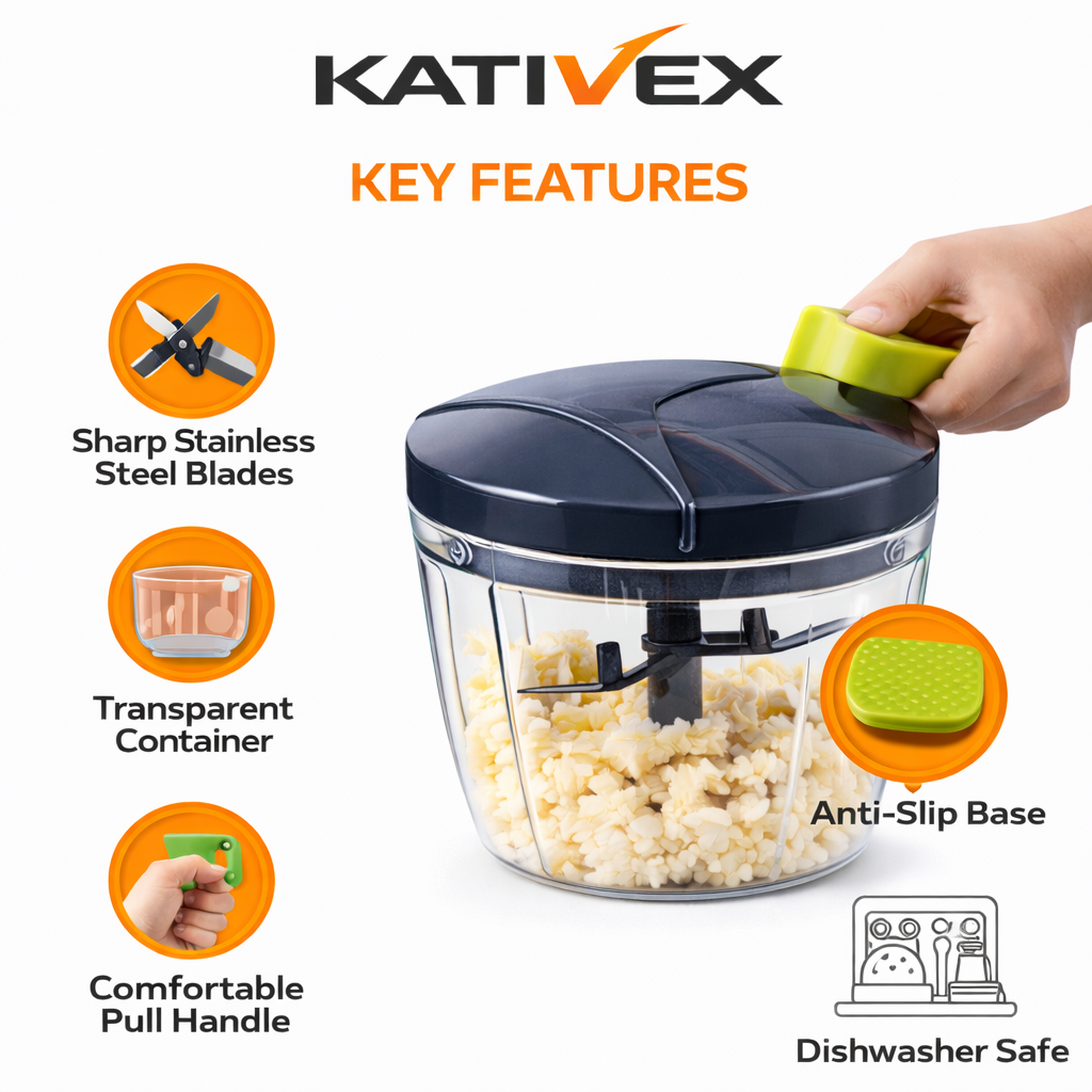 Manual Food Chopper – KATIVEX Pull String Vegetable Cutter, Garlic Onion Chopper, Kitchen Tool (500ml / 900ml)